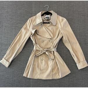 Vtg VERTIGO PARIS Double Breasted Trench Coat Size M/L Tan Preppy Boho Lining